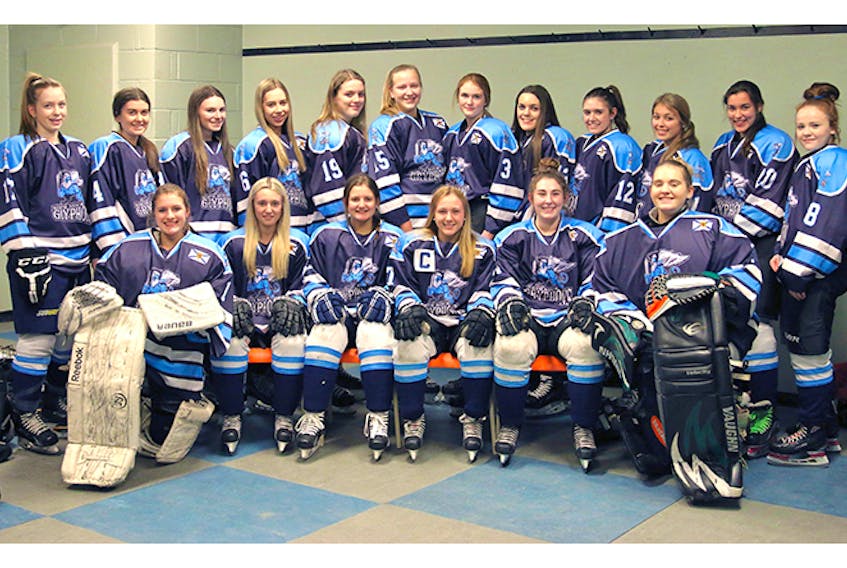 The North Nova Education Centre Gryphons girls hockey team is hosting the NSSAF championship this weekend in Thorburn. Shown are team members, back row, from left, Ashley Livingston, Allie Sandluck, Maddy Robertson, Paige MacDonald, Ashley MacDonald, Keighan Decoff, Jayden Palmer, Emily Hayes, Rhea Young, Eva Wornell, Brooklyn Nicholas, Janna Cameron; front row, Victoria Dunn, Shalyn Bona, Taylor Long, Lindsey MacDonald, Garyn Purvis, Kelly Harnett. Missing from the photo are Ashlyn Bona, coach Kevin Willett, and assistant coaches John Chisholm, Ron Dunn and Katelyn Dunn.