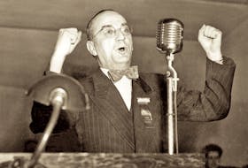 Like John Abbott or Andrew Furey, Joey Smallwood, shown making a speech, became premier without having won a general election. However, Smallwood gained an electoral victory in May of 1949, just a little over a month after becoming premier of the brand-ner province of Newfoundland. Abbott or Furey will have to wait longer for their chance ay an election win.
