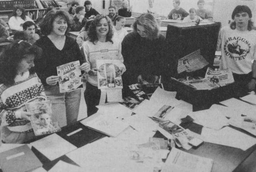 In 1992, a time capsule was prepared by history students attending Windsor Regional High School, with the intention of opening it at the school in 2020. Pictured checking to make sure everything was ready for the time capsule was Michelle Bartlett, Sara Hunter, Annette Harnish, Shelly Smith and Andy Coleman.