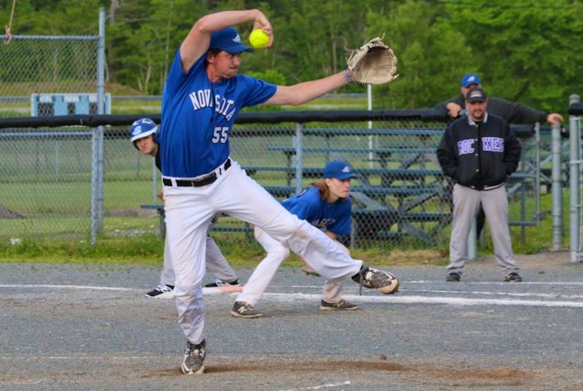 Alex Anthony, of the Nova Scotia Canada Games team, pitched a portion of the first game against the White Rock Rockies but got hit by a ball.