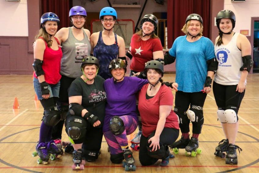 The Rebel Belles, of the newly formed Avon River Rollers, is comprised of, from left, back row: Wendy Jordan (Ellershouse), Jeannie Myles (Falmouth), Tara Dorman (Hantsport), Kate Forsyth (Avondale), Becky Corkum (Bishopville Road), and Nicole Pettipas (Windsor); front row: coach Lorie Faulkner (St. Croix), Gaynor Ferguson (Windsor), and Trina Cook Crowell (Brooklyn). Missing from the photo is co-coach Judy van Bommel. The team is still recruiting, as they can have up to 14 members.