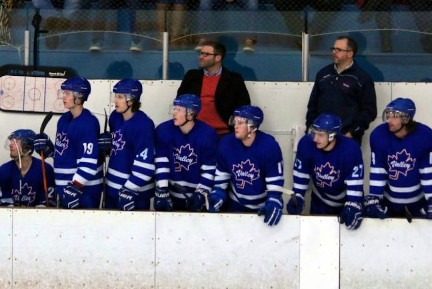 Head coach Josh Dill, left, and assistant coach Brett Fletcher were always there to give the Leafs some encouragement from the bench during the playoffs in 2017.