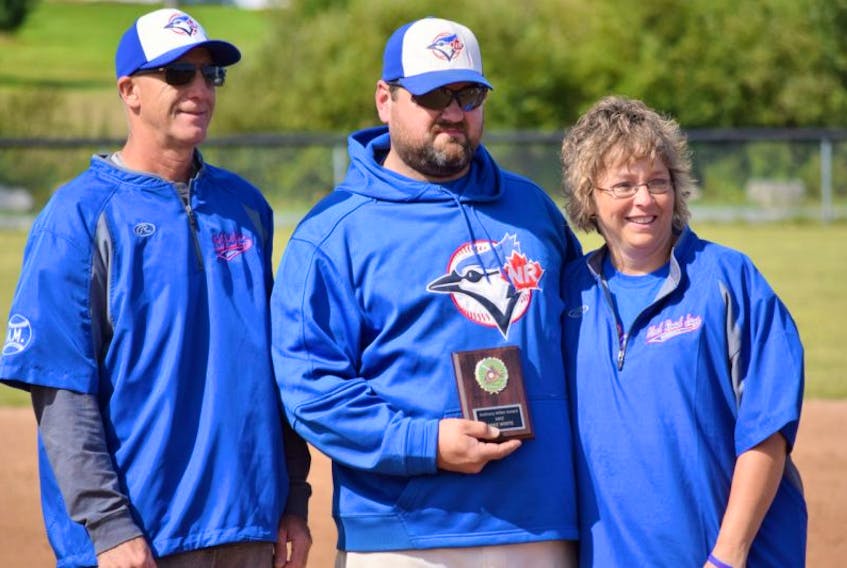 Troy and Angie Miller presented an award in honour of their son Anthony Miller, a player with the Noel Road Blue Jays who died last year. The award is given to a player who shows up for every game, gives 100 per cent, is respectable to other players, and is supportive of their team. Miller’s teammate Mike White, pictured here, was one of two recipients for 2017.