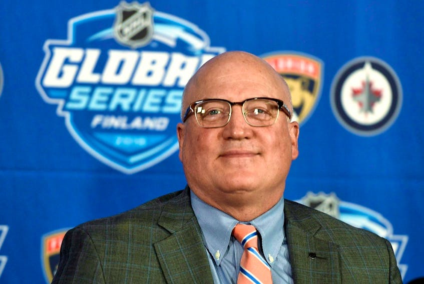 National Hockey League deputy commissioner Bill Daly speaks to the media prior to the NHL Global Series between the Florida Panthers and Winnipeg Jets in Helsinki, Finland, on Nov. 1, 2018.