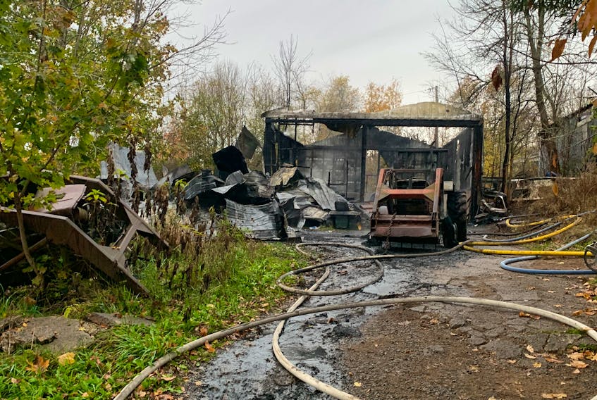 A metal outbuilding at a hobby farm in Brooklyn was destroyed by fire Oct. 27.
