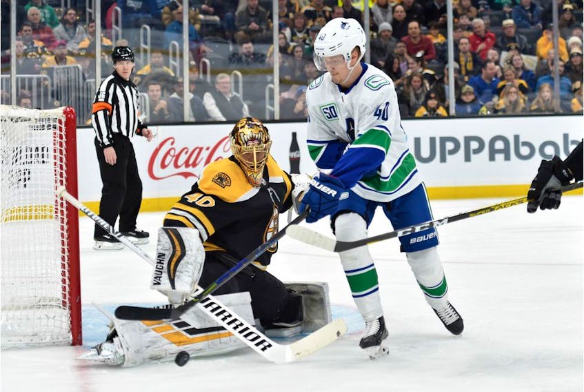  Elias Pettersson seemed no worse for wear after a hit by the Bruins’ Matt Grzelcyk, but later had to miss game action because of it.