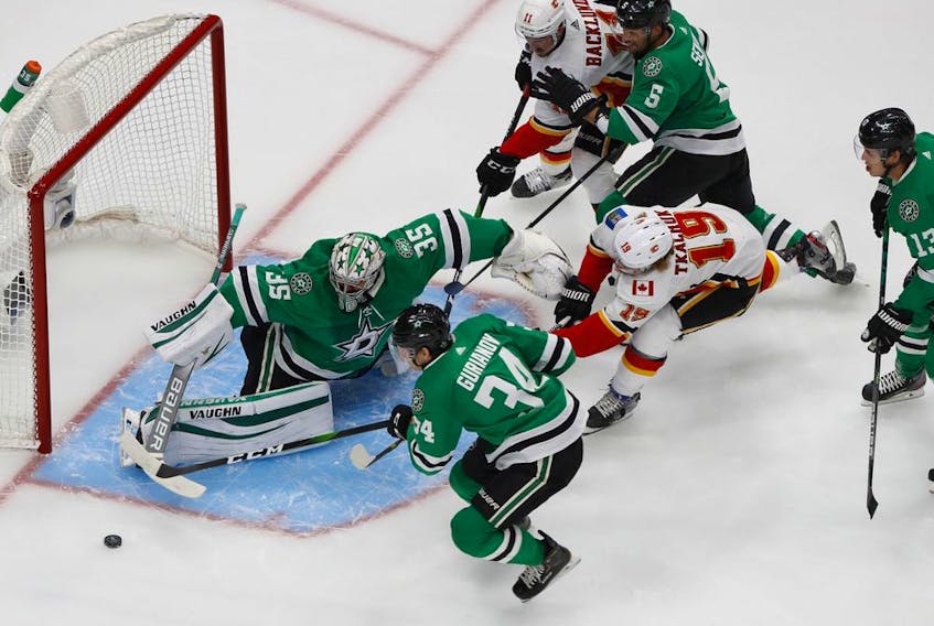 Calgary Flames left-wing Matthew Tkachuk (No. 19) might not be available for Game 3 of the NHL Western Conference quarterfinal series with the Dallas Stars in Edmonton.