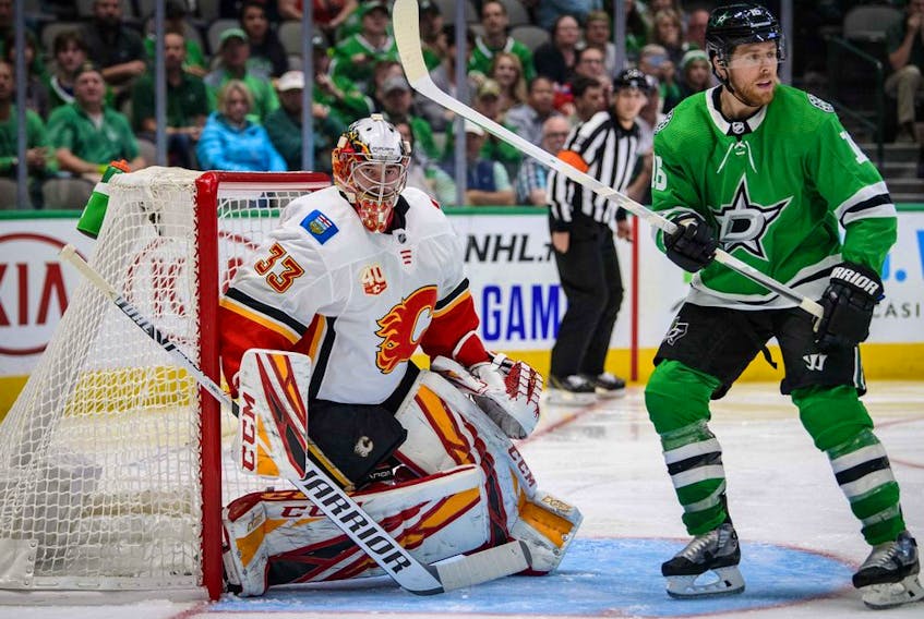 Calgary Flames goaltender David Rittich (33) defends against Dallas Stars center Joe Pavelski (16) during the second period at the American Airlines Center. 