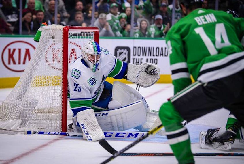 Jake Virtanen of the Vancouver Canucks, pushed into Stars' netminder Ben Bishop during NHL action last month in Dallas, wants to prove he belongs in the NHL and in his home province.

