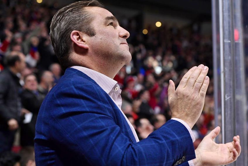 Canadiens owner/president Geoff Molson applauds after Tomas Tatar scored goal en route to a 3-2 shootout victory over the Columbus Blue Jackets at the Bell Centre in Montreal on Nov. 12, 2019.