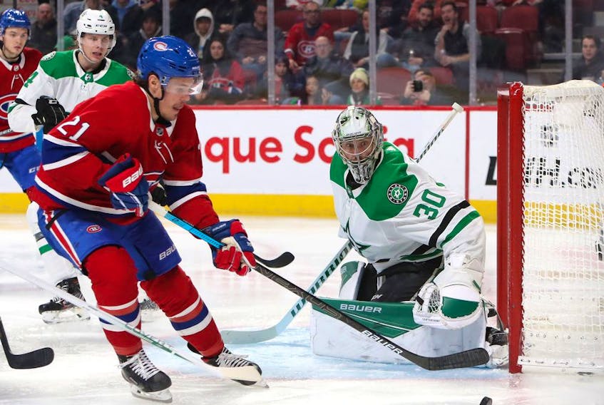  Canadiens’ Nick Cousins plays the puck against Dallas Stars goaltender Ben Bishop at the Bell Centre on Saturday, Feb. 15, 2020, in Montreal.