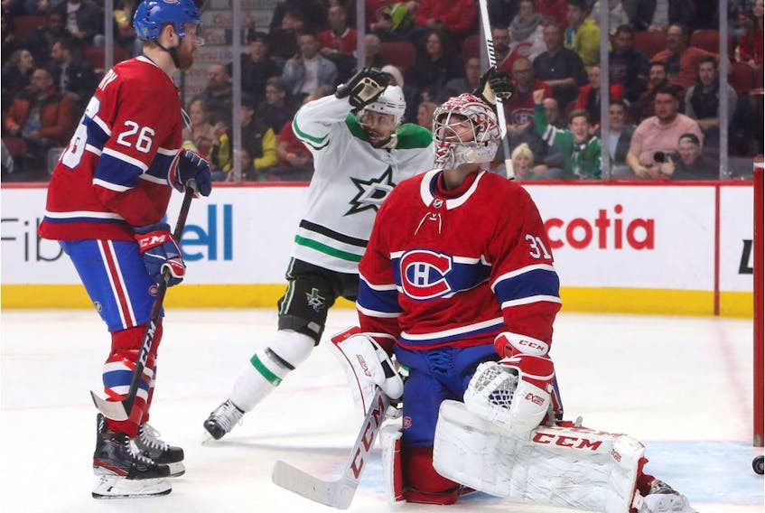  Canadiens goaltender Carey Price reacts after allowing a goal by Dallas Stars’ Blake Comeau (not pictured) during the third period at the Bell Centre on Saturday, Feb. 15, 2020, in Montreal.