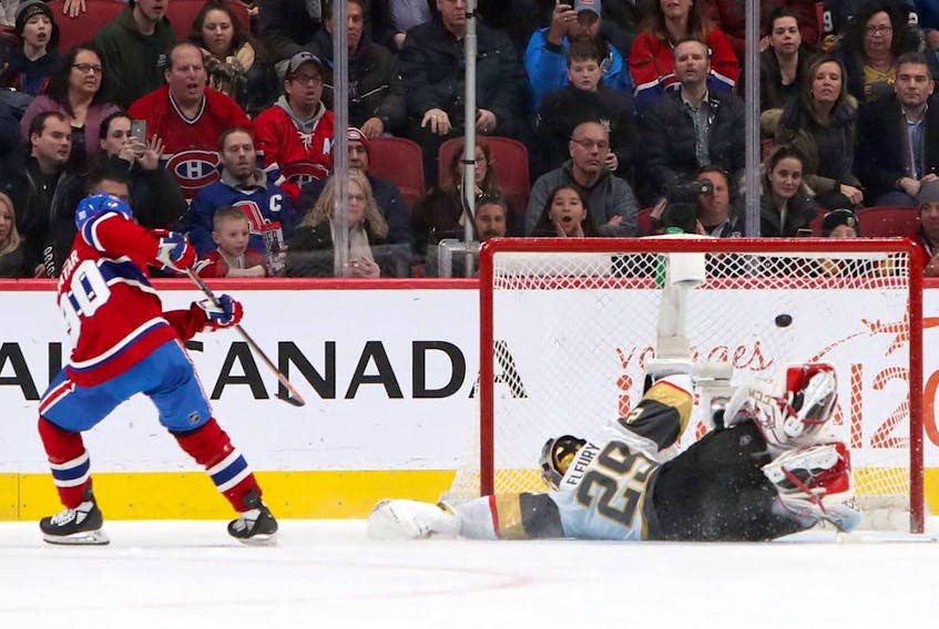  Canadiens’ Tomas Tatar (90) scores a goal against Vegas Golden Knights goaltender Marc-André Fleury during the shootout at the Bell Centre in Montreal on Saturday, Jan. 18, 2020.