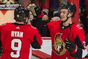 Bobby Ryan is congratulated by centre Josh Norris after scoring his third goal of the night on Thursday, Feb. 27, 2020. 