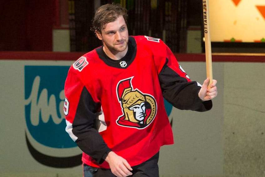 Senators forward Bobby Ryan waves to fans after the Feb. 27 home game against the Canucks at Canadian Tire Centre.