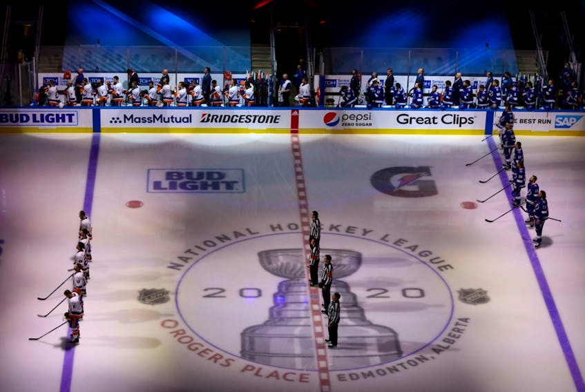 A view of the ice as the Tampa Bay Lightning and the New York Islanders open Game 2 of the Eastern Conference final of the 2020 Stanley Cup Playoffs at Rogers Place.