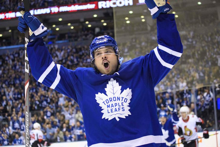 Toronto Maple Leafs centre Auston Matthews (34) celebrates after scoring his second goal during the second period against the Ottawa Senators at Scotiabank Arena Oct. 2, 2019. 
