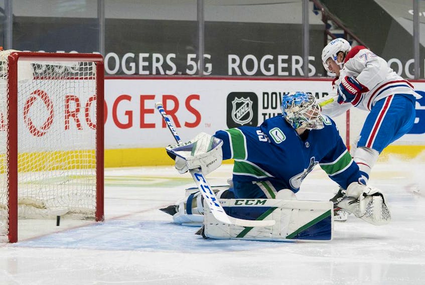 Canadiens forward Tyler Toffoli (73) scores on Vancouver Canucks goalie Thatcher Demko on Jan. 21. Toffoli has five goals so far this season, tied for the league lead.
