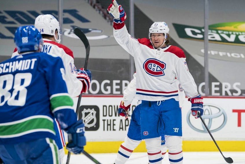 Montreal Canadiens forward Tyler Toffoli celebrates his second goal against the Vancouver Canucks at Rogers Arena.