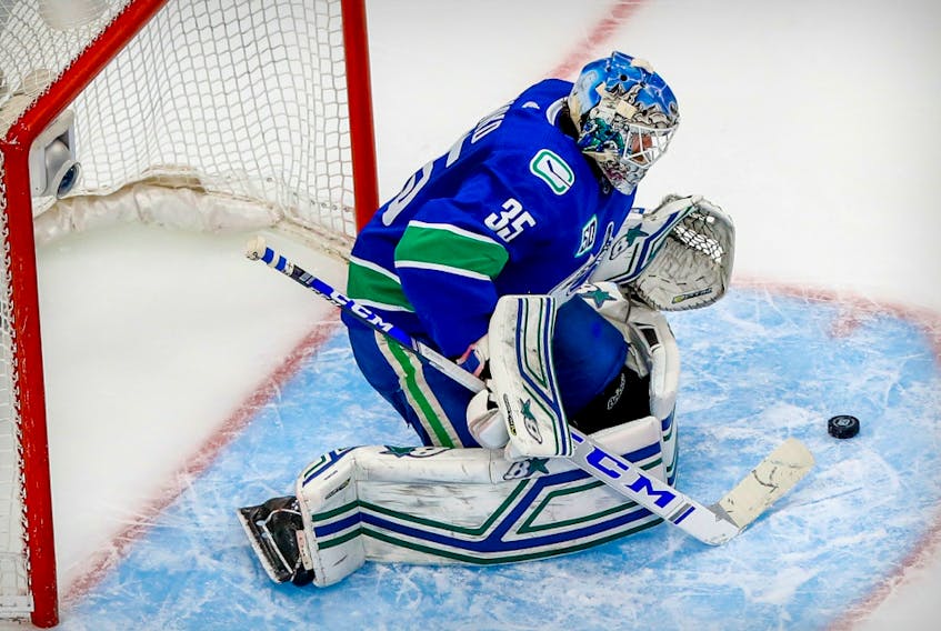 Vancouver Canucks goaltender Thatcher Demko faces the Vegas Golden Knights in Game 6 of the second round of the 2020 Stanley Cup Playoffs at Rogers Place on Thursday, Sept. 3 2020.