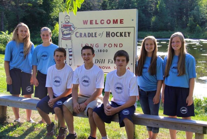 <p>Nine local hockey players were recently named to the Hockey Nova Scotia High Performance program. Pictured are, from left, Kenzie Cecchetto, Maggie Burbidge, Bailey Peach, Damian Hartt, Joe MacDonald, Savannah Hartt, and Jenna Leighton. Missing from the photo are Brianna Hill and her sister Tiffany Hill. &nbsp;(Submitted photo)</p>