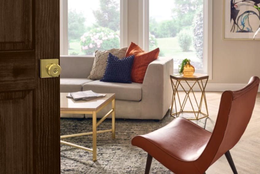Warm decor colours and modern brushed-gold accents like door hardware will get homes on trend. Schlage Bowery knob with Collins trim, satin brass finish. 