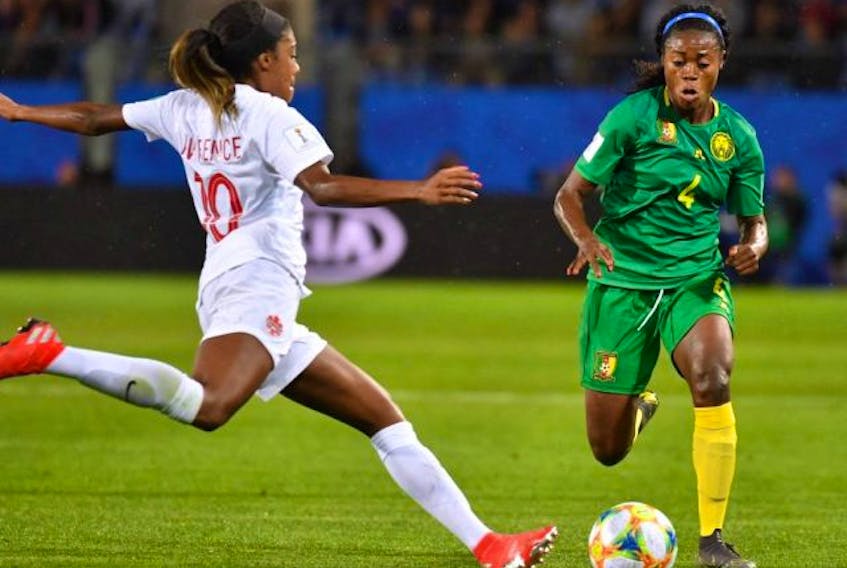  Canada’s defender Ashley Lawrence, left, vies with Cameroon’s defender Yvonne Leuko during the France 2019 Women’s World Cup Group E football match between Canada and Cameroon, on June 10, 2019, at the Mosson Stadium in Montpellier, southern France. Pascal Guyot / Getty Images