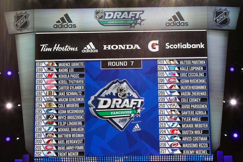 A view of the Round Seven draft board during the 2019 NHL Draft at Rogers Arena on June 22, 2019 in Vancouver, Canada.