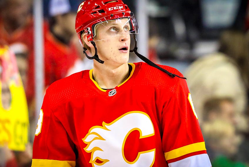 Calgary Flames Juuso Valimaki during the pre-game skate before facing the Chicago Blackhawks in NHL hockey at the Scotiabank Saddledome in Calgary on Saturday, November 3, 2018. 