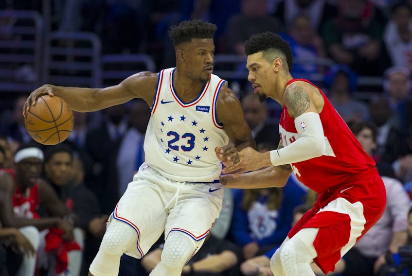 Jimmy Butler #23 of the Philadelphia 76ers dribbles the ball against Danny Green #14 of the Toronto Raptors in the first quarter of Game Six of the Eastern Conference Semifinals at the Wells Fargo Center on May 9, 2019 in Philadelphia, Pennsylvania. The 76ers defeated the Raptors 112-101. 