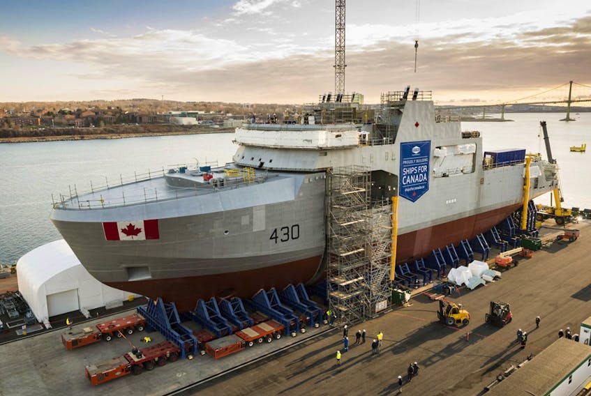 The Royal Canadian Navy's first Arctic and Offshore Patrol Ship, HMCS Harry DeWolf, at Irving Shipbuilding's Halifax Shipyard on Dec. 8, 2017.