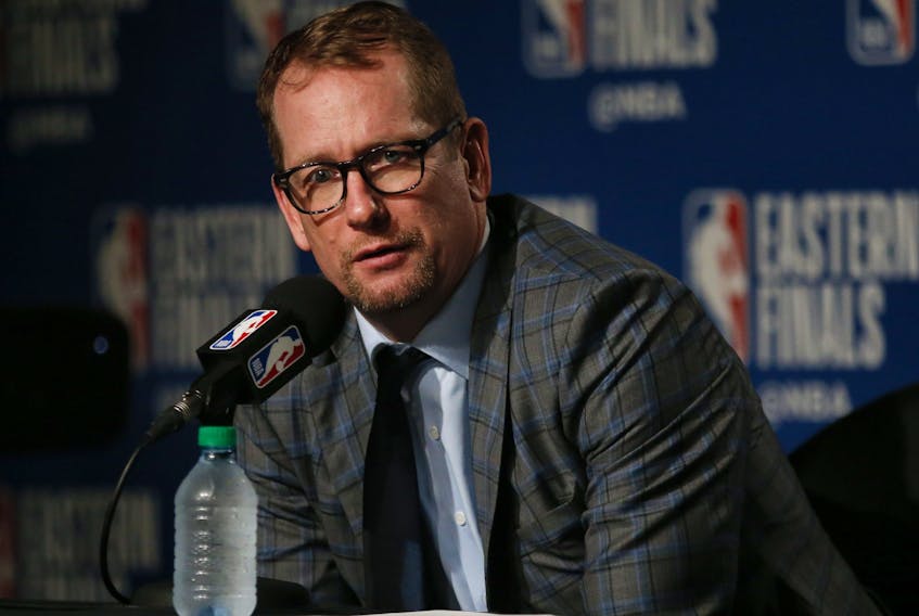 Toronto Raptors coach Nick Nurse speaks to the media after the Game 6 victory to win the Eastern Conference final in Toronto, Ont. on Sunday May 26, 2019. Jack Boland/Toronto Sun/Postmedia Network