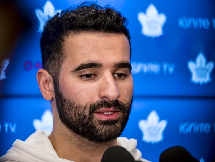 Maple Leafs centre Nazem Kadri speaks to reporters after a locker clean out at the Scotiabank Arena in Toronto, on Thursday, April 25, 2019.