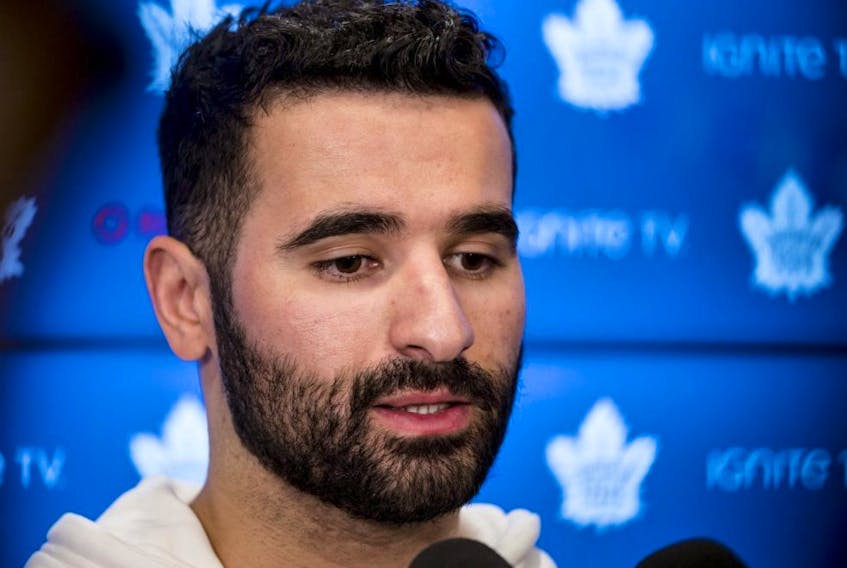 Maple Leafs centre Nazem Kadri speaks to reporters after a locker clean out at the Scotiabank Arena in Toronto, on Thursday, April 25, 2019.