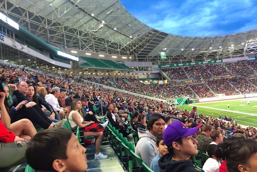 More than 13,000 people turned out at Mosaic Stadium on Wednesday to watch Game 5 of the NBA championship series, between the Toronto Raptors and Golden State Warriors.