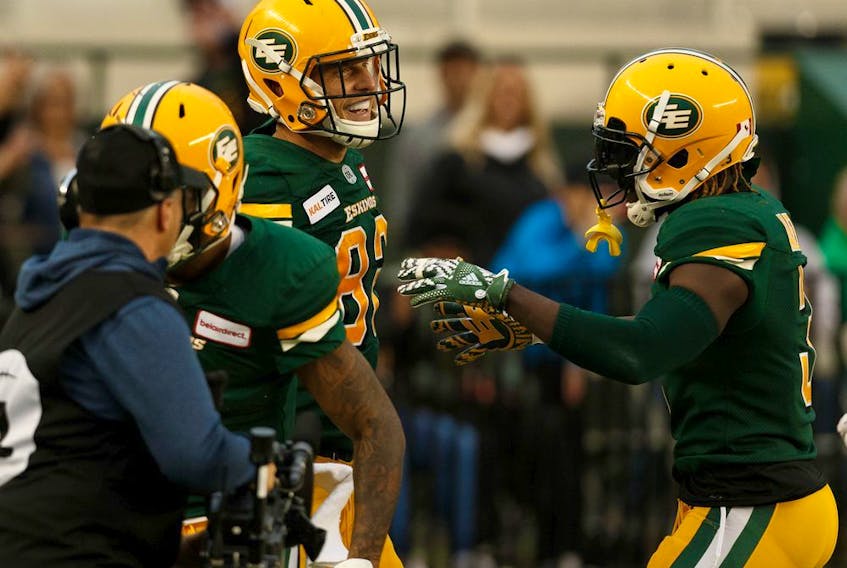 Edmonton Eskimos' Greg Ellingson (82) celebrates a touchdown on the BC Lions during a CFL football game at Commonwealth Stadium in Edmonton, on Friday, June 21, 2019.