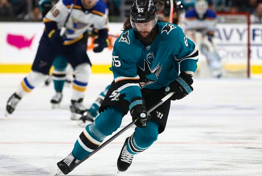 Erik Karlsson of the San Jose Sharks skates controls the puck against the St. Louis Blues in Game Five of the Western Conference Final during the 2019 NHL Stanley Cup Playoffs at SAP Center on May 19, 2019 in San Jose, California.