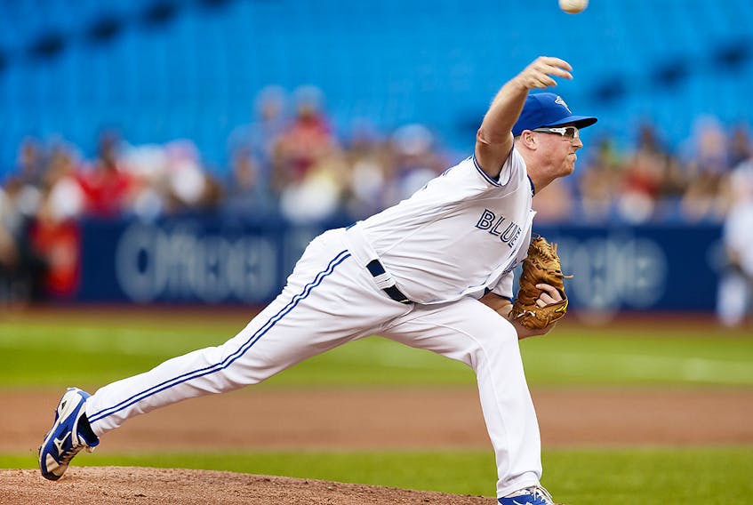 Trent Thornton of the Toronto Blue Jays pitches to the Boston Red Sox in the first inning during a MLB game at the Rogers Centre on July 2, 2019, in Toronto. 
