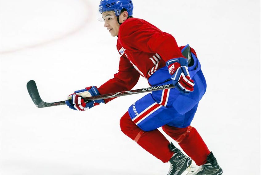  Nick Suzuki skates through a drill during Montreal Canadiens training camp practice at the Bell Sports Complex in Brossard on Sept. 19, 2018.