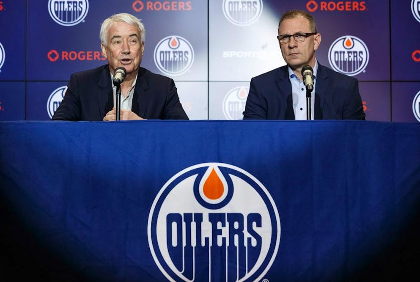Edmonton Oilers CEO &amp; Vice Chair Bob Nicholson (left) and Interim General Manager Keith Gretzky speak during a media conference at Rogers Place in Edmonton, on Monday, April 8, 2019.