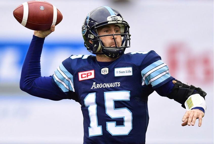 Toronto Argonauts quarterback Cody Fajardo rushes for the game-winning touchdown against the visiting Saskatchewan Roughriders in the CFL's 2017 East Division final.