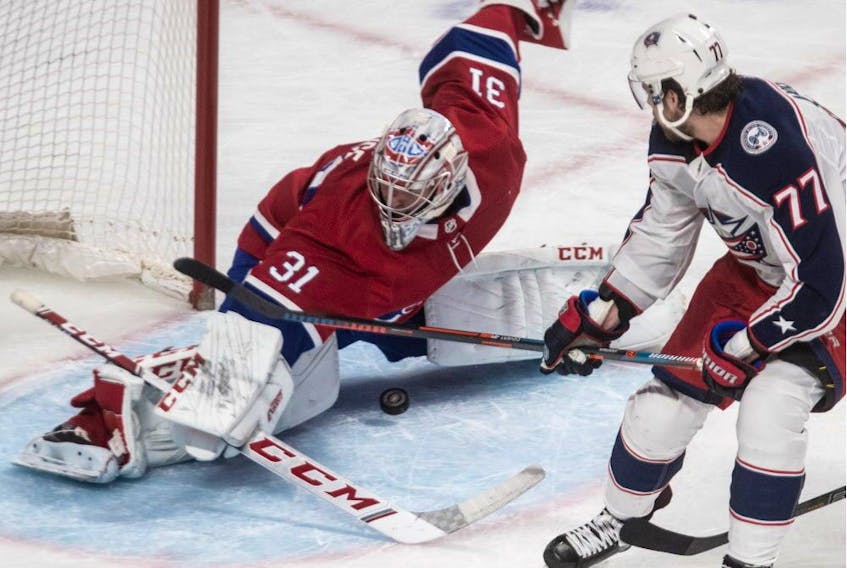  Montreal Canadiens’ Carey Price stops Columbus Blue Jackets winger Josh Anderson alone in front of the net during second period at the Bell Centre in Montreal on Feb. 19, 2019.