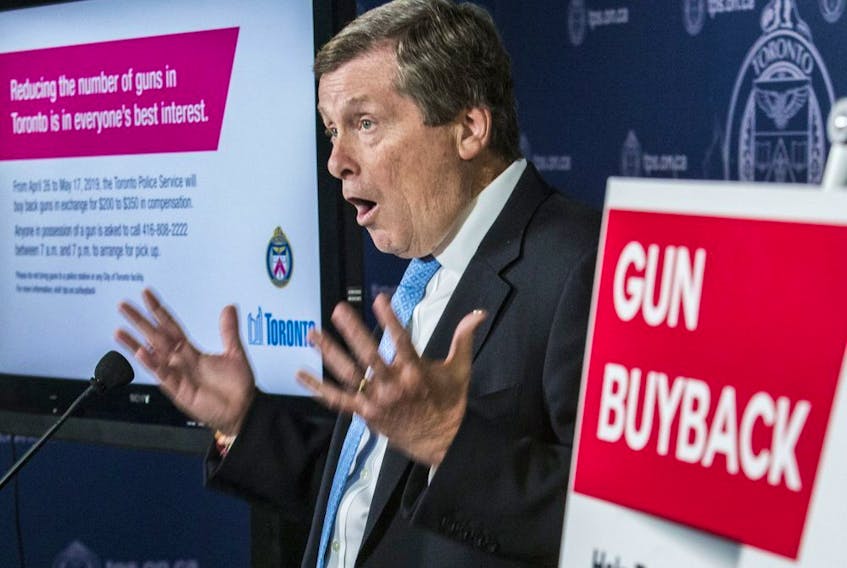 Toronto Mayor John Tory  announces a new Gun Buyback program at police headquarters on Friday, April 26, 2019. (Craig Robertson/Toronto Sun/Postmedia Network)