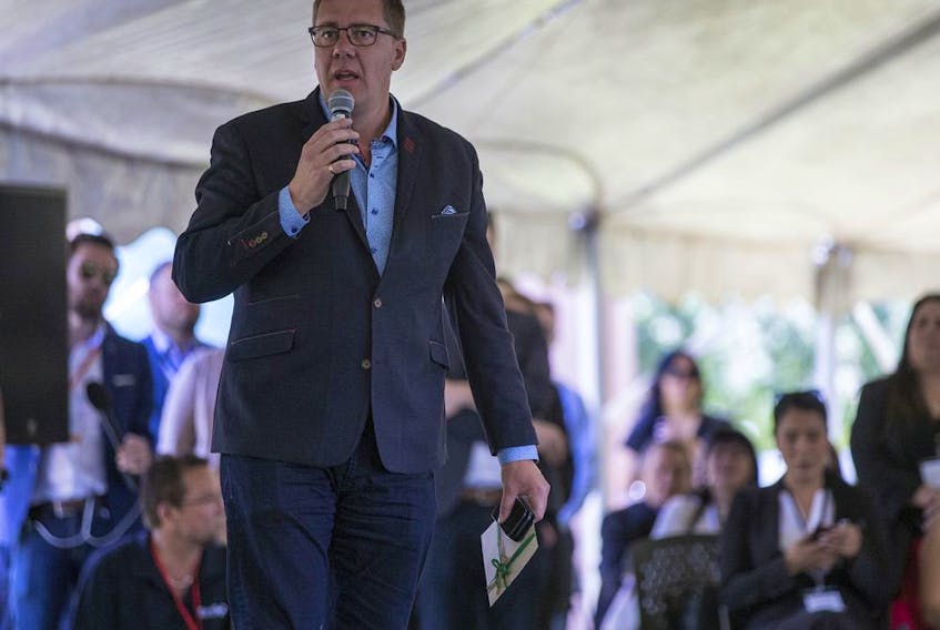 Saskatchewan Premier Scott Moe speaks during a community event and gift giving ceremony behind the band administration office in Big River on July 9, 2019 (Liam Richards / Saskatoon StarPhoenix)