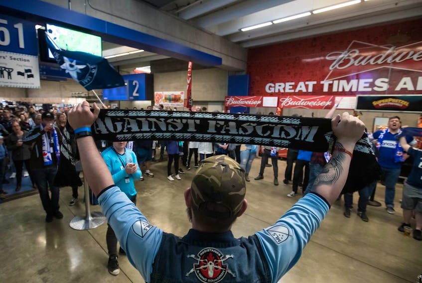  Vancouver Whitecaps fans gather on the stadium concourse after leaving their seats during an in-game walkout on April 27. The protests will continue after a meeting with ownership failed to bring any resolution to the crisis.