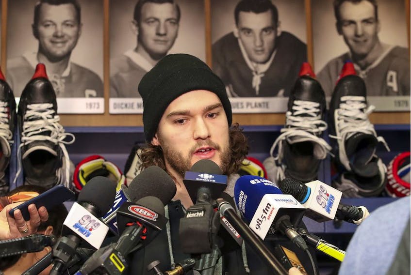  The Canadiens’ Jonathan Drouin meets the media at the Bell Sports Complex in Brossard on April 9, 2019, after the team missed the NHL playoffs.