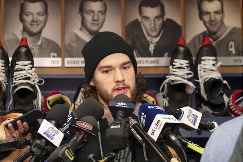  The Canadiens’ Jonathan Drouin meets the media at the Bell Sports Complex in Brossard on April 9, 2019, after the team missed the NHL playoffs. - John  Mahoney