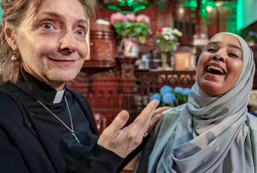 Representatives of Christian, Jewish and Muslim religions got together to denounce Bill 21. Reverend Paula Kline and Sara Abou-Bakr chat after a press conference at the St-James United Church in Montreal on Tuesday May 7, 2019.