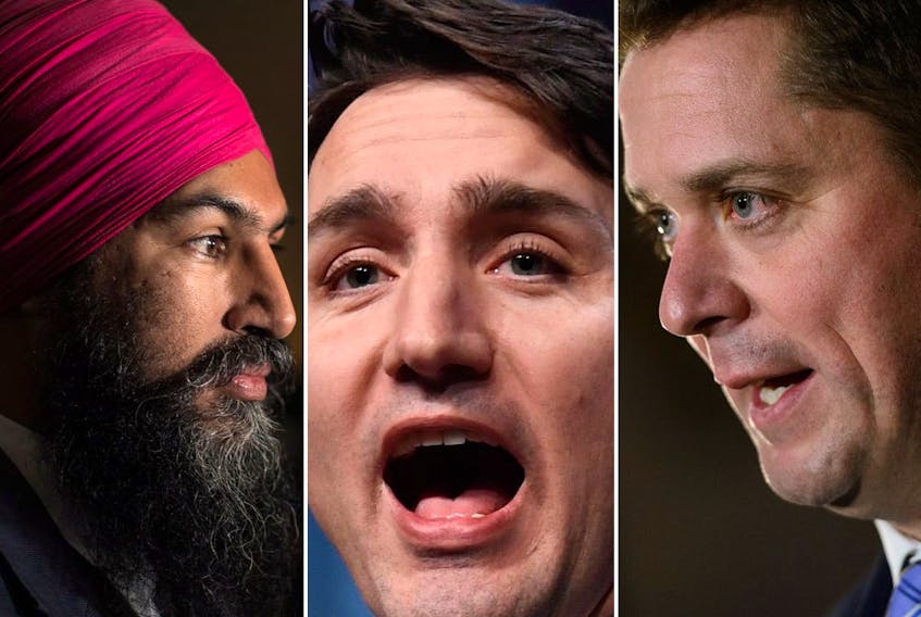 (From left to right) NDP Leader Jagmeet Singh, Liberal Prime Minister Justin Trudeau and Conservative Leader Andrew Scheer are seen in this combination shot.