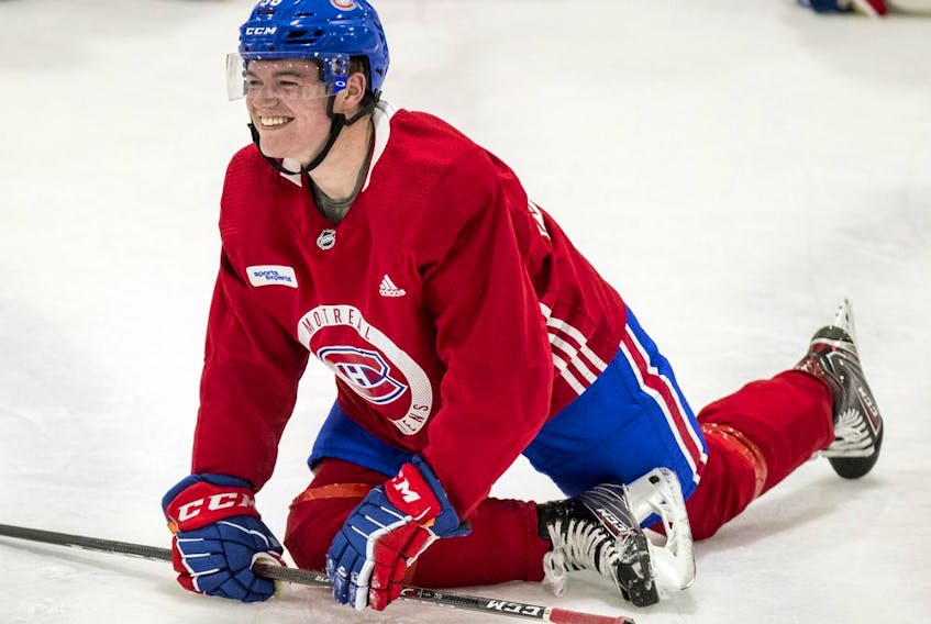  Canadiens’ Cole Caufield leads the team’s stretch during development camp at the Bell Sports Complex in Brossard on June 26, 2019.